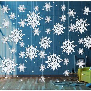 24PCS Snowflake Christmas Decorations, 3D Large White Paper Snowflakes Garland